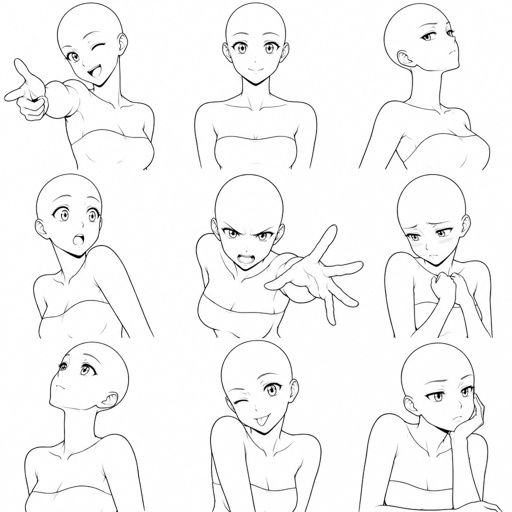 Different face expressions female half body drawing base, dynamic, bald, head face expressions different directions