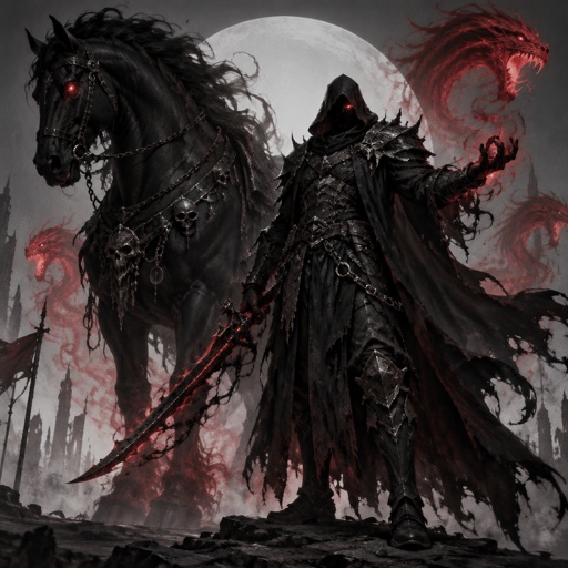 dark abyss assassin, dragon eye, large horse companion, spirit summoning abilities, horseman of the apocalypse, 