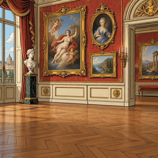 Highly realistic, no print dots no speech bubble. An art gallery wall filled with overly ornate Baroque and rococo art on the walls. Very very sentimental no people leave enough space in the foreground for insert of objects.