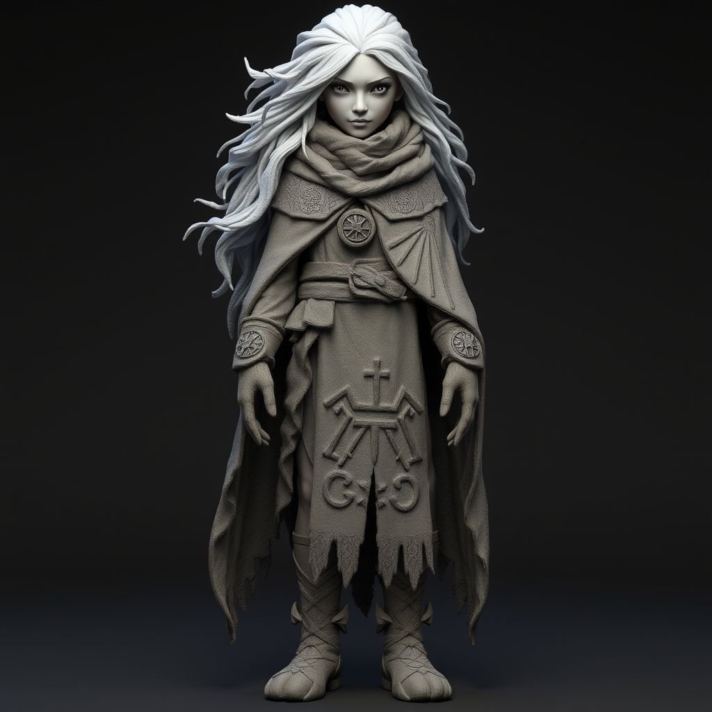 Create old character: The Silver-Eyed Wanderer – A tall, androgynous figure with hair that white. piercing silver eyes seem to see both past and present at once. a long, tattered cloak covered in stitched symbols from lands unknown. Show her whole body head to toe including her shoes.