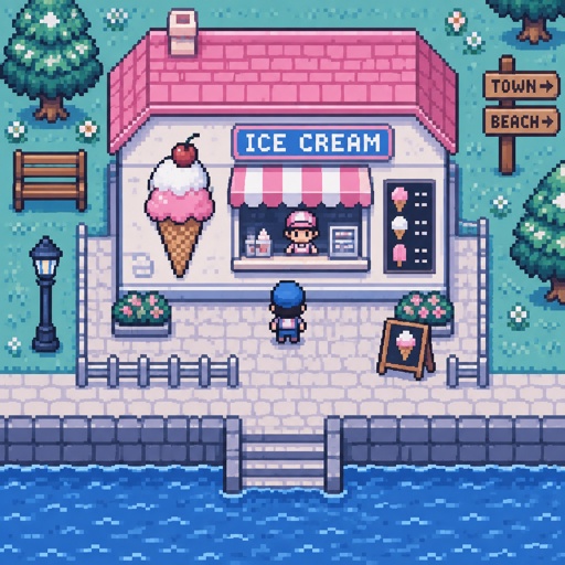 Ice cream shop for a game, exterior, top down style