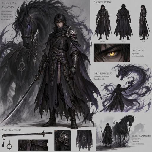 dark abyss assassin, dragon eye, large horse companion, spirit summoning abilities, black hair