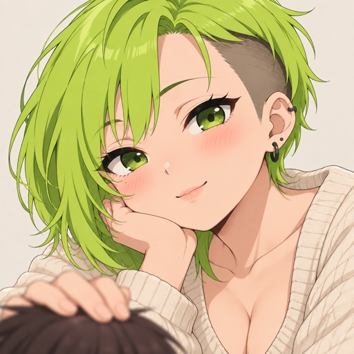 a person with green hair and green eyes