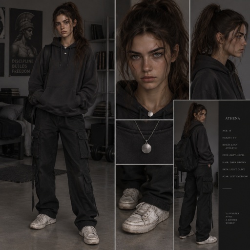 A full picture of *Athena — 16*  Long, messy dark brown hair usually in a high ponytail, sharp grey-hazel eyes, light olive skin with a small scar on her left eyebrow.  5'7, lean and athletic — fencer's build, long legs, quick hands. Always in an oversized hoodie, black cargos, beat-up white sneakers.  Wears a plain silver disc necklace on a chain, nails cut short, black hair tie on her wrist. Serious face, but when she smiles it changes everything.