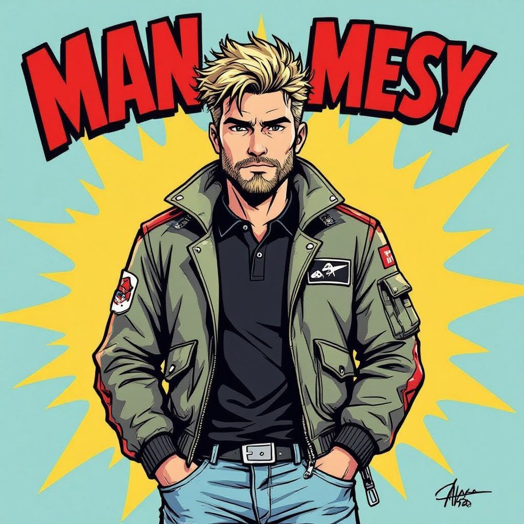 man with Dirty Blonde Unkempt Hair and Goatee. Astronaut Flight Jacket Black And White Polo and Light blue denim jeans with red sneakers