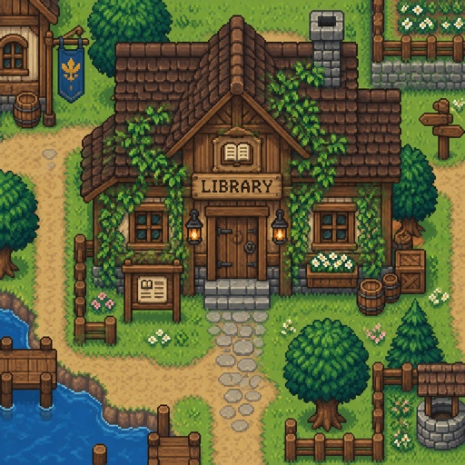 Village cozy old small library wood, vines, for a modern fantasy game, exterior, top down style