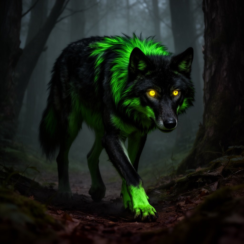a wolf with black and green fur and glowing eyes