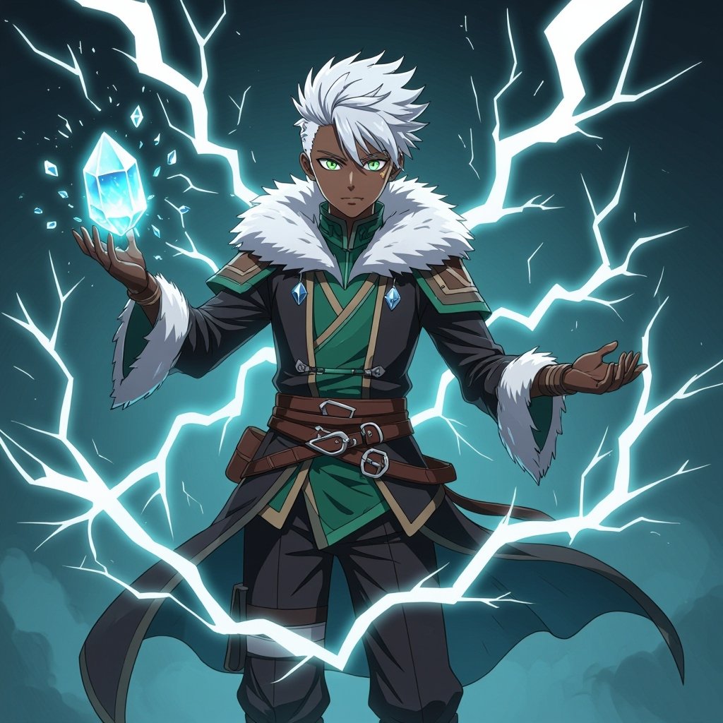A full body picture of a 15 year old black male with a white undercut and green eyes. Give him a gray mage/assassin outfit with fur. Have him floating surrounded by lightning bolts. Give him a crystal that floats from his upside down left hand 