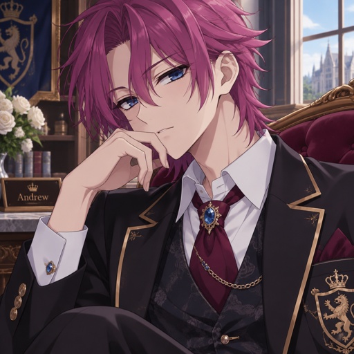 Male name Andrew, rich boy, isolated till he was 16, has neat neck long swooped on left side the bottom of his hair is stick up and pointy looking both sides fuchsia purple hair, deep beautiful Azure eyes,gives sassy look at people, shy, quiet, easily overwhelmed, only friend is his next door neighbors son whose name is jack the lead star of baseball team and jack has a girlfriend named rose