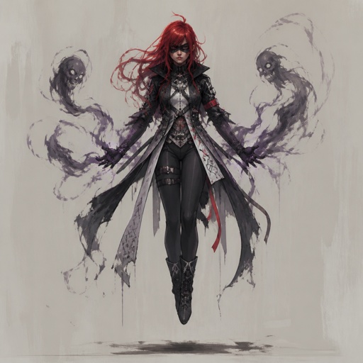Female villain with wraith powers, teenager, red hair, floating, mask, cool costume, experiment 
