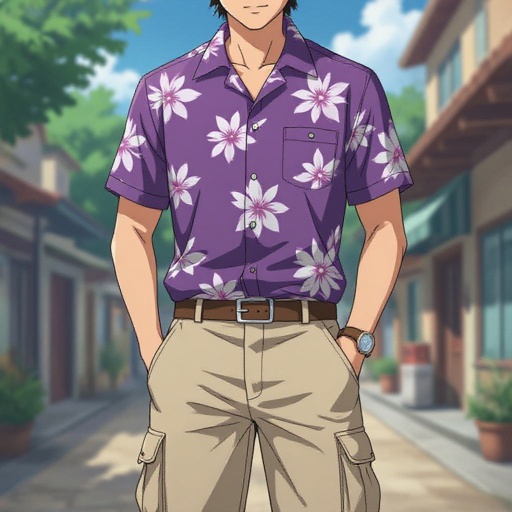 A Pokemon Trainer in A Purple Hawaiian Button Up and Beige Cargo Pants
