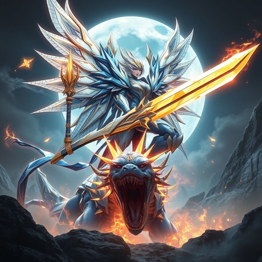 A blue white and gold feminine built mech with a giant flaming sword and metal wings fighting a blue and gold kaiju on the moon