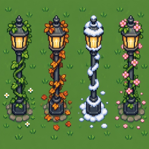 Lamp post vines for a modern fantasy game, in all the seasons, top down style, shading and highlights