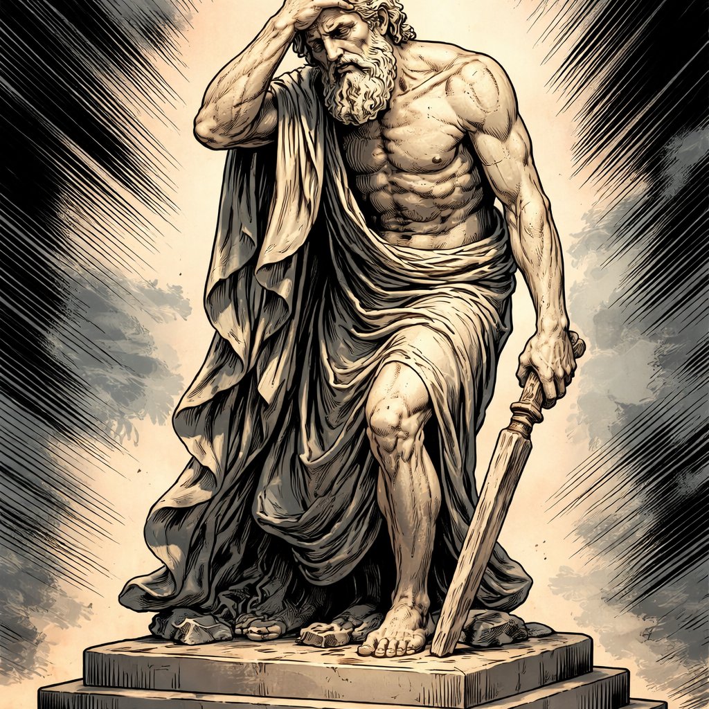 Refined realistic, no speech bubbles, no caricature a sculpture in the Greek style of a very tired, old man. His face is in pain. Full shot of the sculpture on a pedestal.