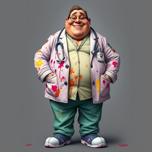 .. create a fat doctor. Who is funny human looking from head to toe. And he always immediately results to surgery for anything even small things. So please be sure to show his whole outfit head to toe. Make him have 1 tooth. Make it more adult humor instead of cartoon humor.