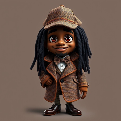 Create a funny character similar to Sherlock Holmes, but make him of black decent and with dread locks. Show his whole outfit including his shoes.