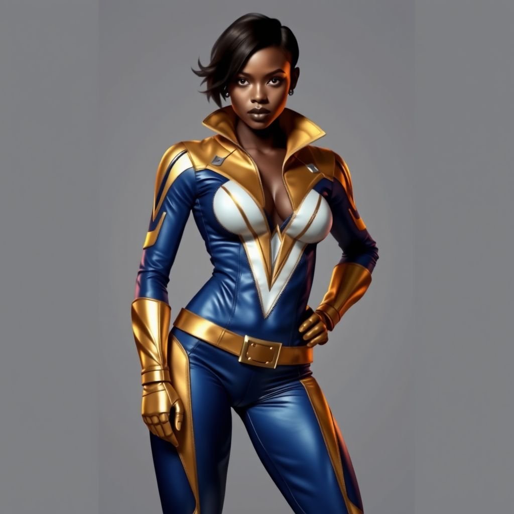 African American female superhero with short hair in a side part style wearing a leather gold blue and white suit with blue pants and gold boots with a stylized V as her chest emblem