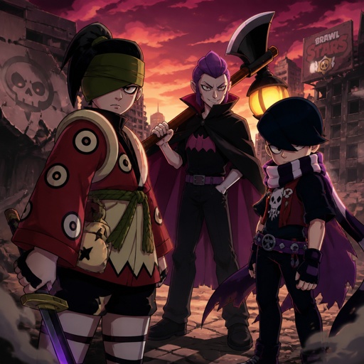 Kenji, Mortis, and Edgar from brawl stars in the apocalypse 