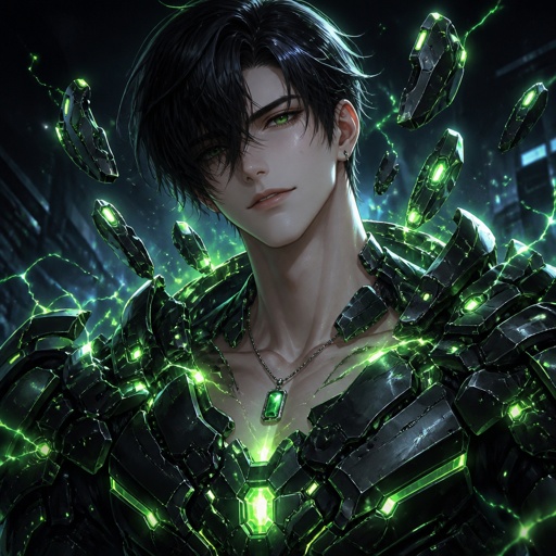 Anime male in his 20s part Asian part white pale skin black hair a little more on his right side one side a little in his face has a beauty mark on left side of face bright green eyes creates and can control technology, creates a armor suit with his technology power power is color green with a soft sweet smile has a nice green rectangle jewelry necklace with electricity around him kind hearted happy family and try saving people with his powers creating his suit by floating metal pieces