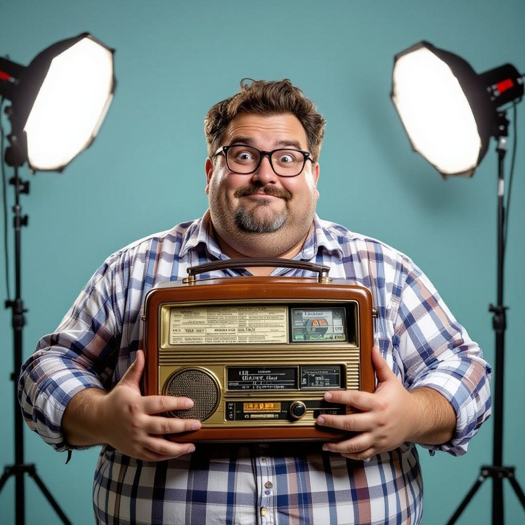 Create a funny fat guy who is has a book box radio 
