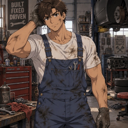 Muscular man, grease monkey, overalls white t shirt. Garage