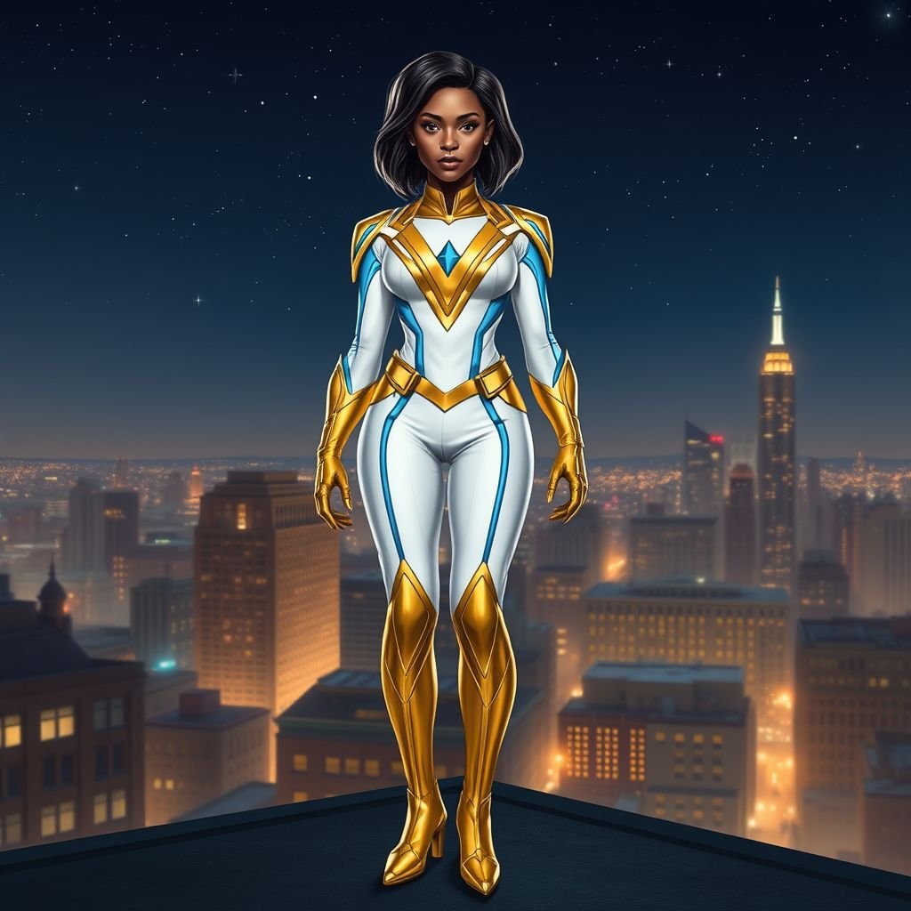A young African American female superhero with shoulder length hair in a side part style wearing a gold and white suit with blue accents with white pants and gold boots with a stylized V as her chest emblem standing ona roof in a Philadelphia at night