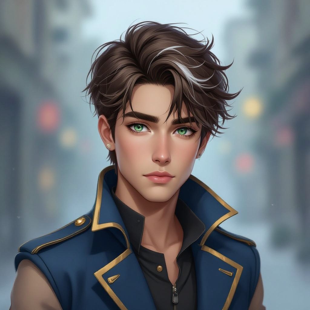 Male 19-year old with Light brown hair with a streak of white in his hair with one green eye and one black eye. He wears a sleeveless blue long coat with a gold outline