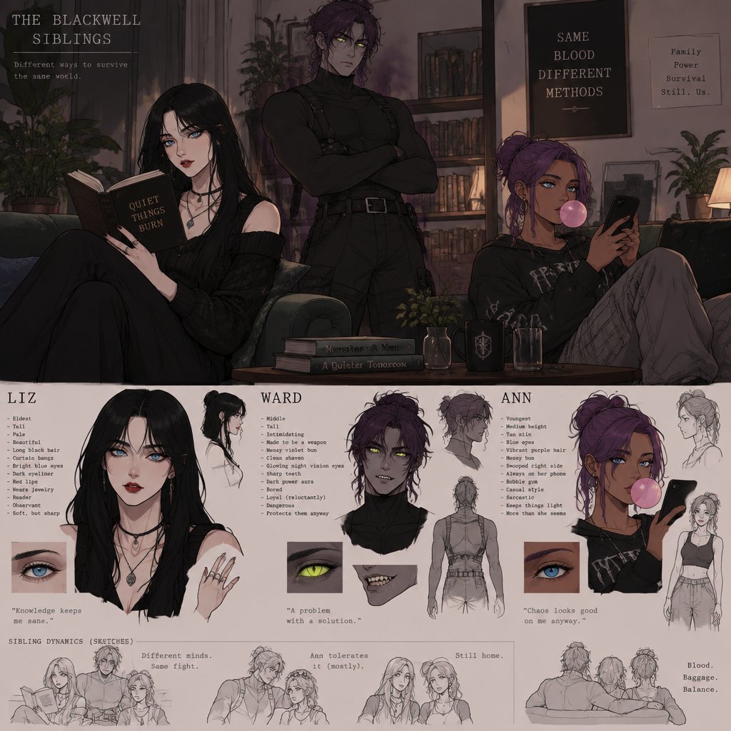 Three siblings, Female name Liz, oldest, tale, pale, beautiful, mysterious, black hair long curtain bangs style, bright blue eyes eyeliner liner,dark eye shadow,red lips, wearing jewelry, Anime style, Agent Ward male, middle child, made to be a weapon, highly skilled, emergency backup case he gets out of control, hair violet messy bun, clean shaven, night vision eyes no goggles, sharp teeth, dark power, tall, intimidating, he's used as an emergence backup weapon, Female Ann, youngest sibling, medium hight pale, tan, blue eyes, vivid purple dim hair in a messy bun her front hair is swooped down in her right side,all in the living room Liz reading a book,Ann looking at her phone while blowing bubble gum,ward standing looking bored