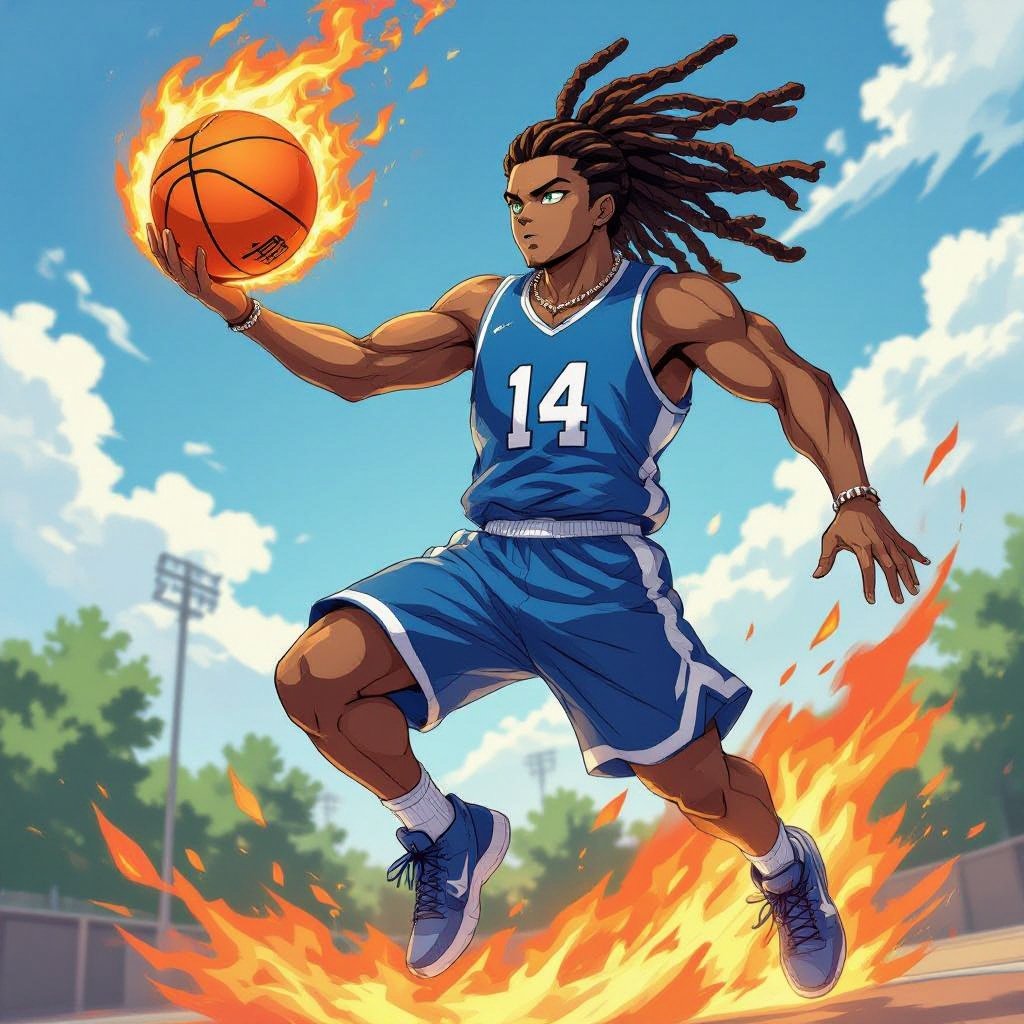 My character is a kind of muscular guy with green eyes and lighter shade skin color  12 big Dreadlocks and a blue basketball jersey with the number 14 and a chain on his neck and he is jumping high in the air to dunk the ball that is made of fire high in the sky