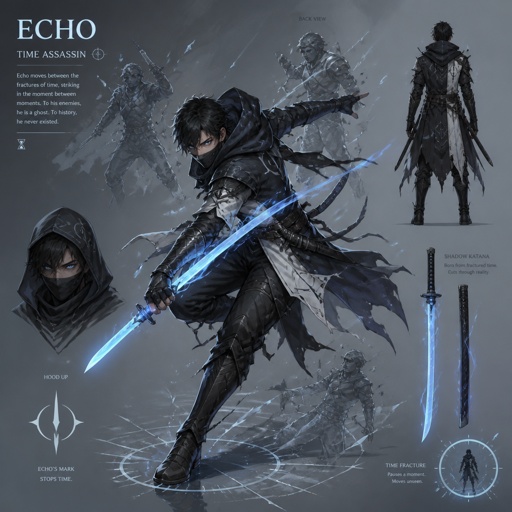 male assassin name echo, time power, light blue eyes, blue shadow katana, a moment in time