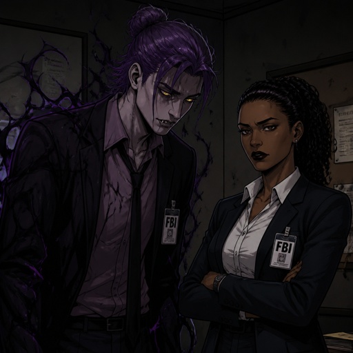 Anime style, Agent Ward a male, made in a secret lab to be best weapon and good at everything, highly skilled, be kept in check, emergency backup case he gets out of control, his hair messy bun color violet, clean shaven, yellow night vision eyes, sharp teeth, dark power energy from experiment, tired, tall, eyes sensitive to light, dangerous, intimidating, laugh like a maniac, cares about partner ruby rose she's dark skin serious plays by rules firm,them standing together ruby arguing to wards "stop being intimidating you're going to our suspect a hart attack!" Ward says "job goes faster" starts giggling, ruby warn ward " if you can't take this seriously I'll have to have you go in your room" ward sad expression says"i don't want that" ruby "ok let's do this I have somewhere to be " as a comic