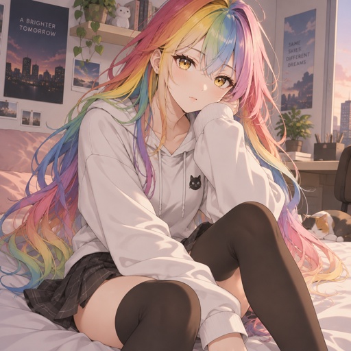 Anime woman in hoodie and skirt. Long rainbow colored hair and golden eyes. Slender build