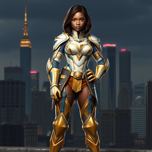 A teenage African American female superhero with hair in a shoulder length side part style wearing a slightly medievally armored white and Gold suit with blue accents and a stylized V as her chest emblem a utility belt and gold boots standing in Philadelphia