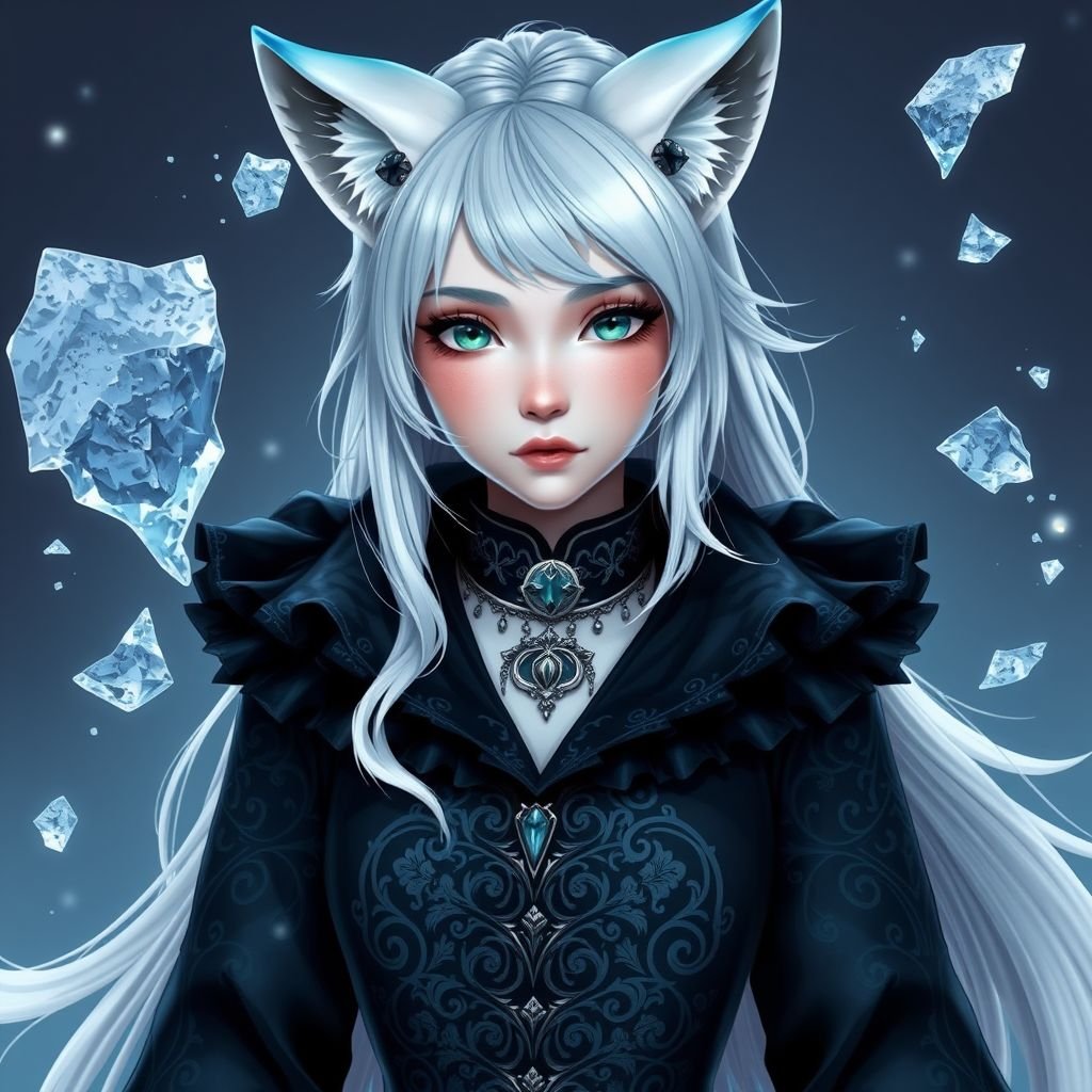 A pale teenage girl. Hair as white as snow with cyan tips, emerald eyes and small fox ears wearing mystic royal black top and trousers conducting ice (Russian themed)