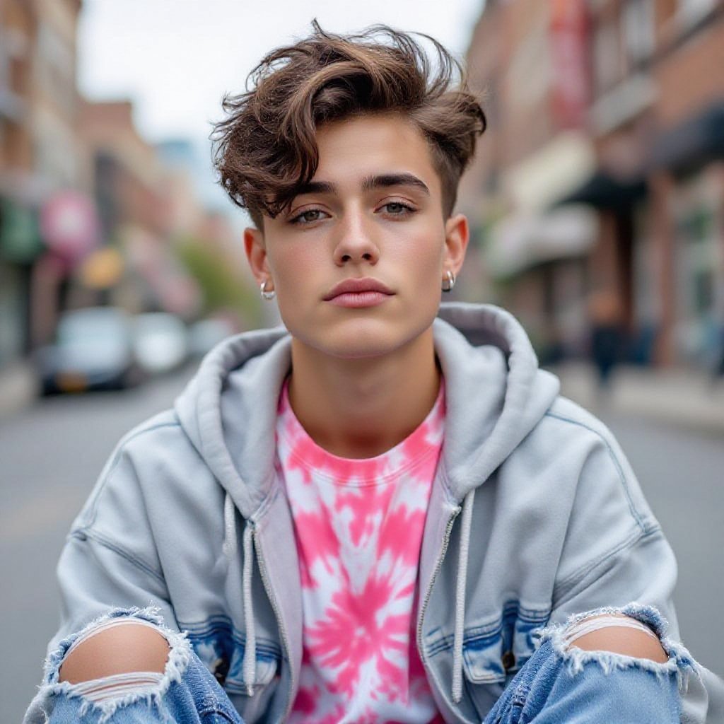 Eccentric non binary 18 year old In jeans a Hoodie and pink tie die t shirt