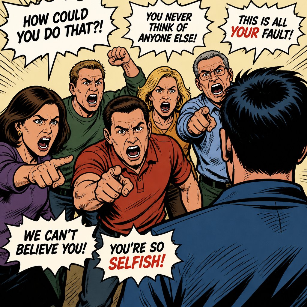 No speech bubbles, no caricature, realistic a group of angry people shouting at someone we can’t see. rearview shot.
