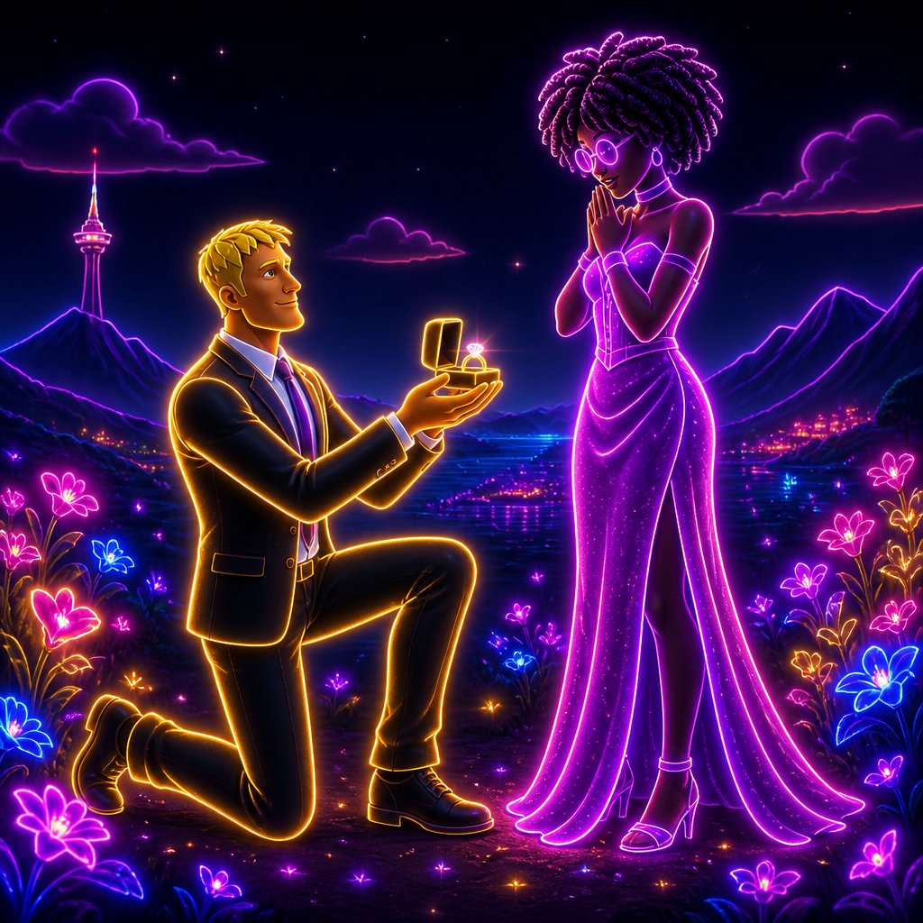Jonesy and Slone from Fortnite out in the beautiful land Jonesy wearing a suit and Slone wearing a very beautiful dress Jonesy purposing to Slone
