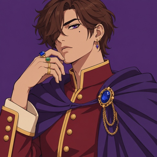 A prince,brown hair down to his neck,part of his hair is dropping down the right side of his head covering his eye a little more,beauty mark on right side cheek,cheekbones,purple eyes nice eyelashes,three earrings,multiple rings done with diamonds some jade some just golden,wearing a purple cape with a blue circular jewel with a gold rim around it on the left side of his cape,red shirt with a golden rim from the collar down the shirt,sleeves are folded with golden rim around it and in the middle the sleeves three buttons in the middle of sleeves,has a sassy and serious look 