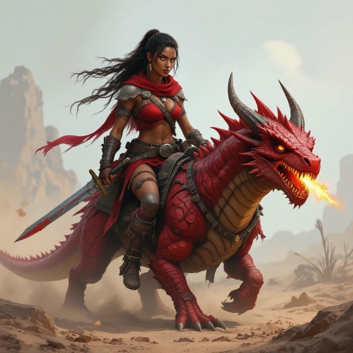 Light brown skinned Worrier princess with bright brown eyes wearing red with a sword riding a fire breathing red dragon