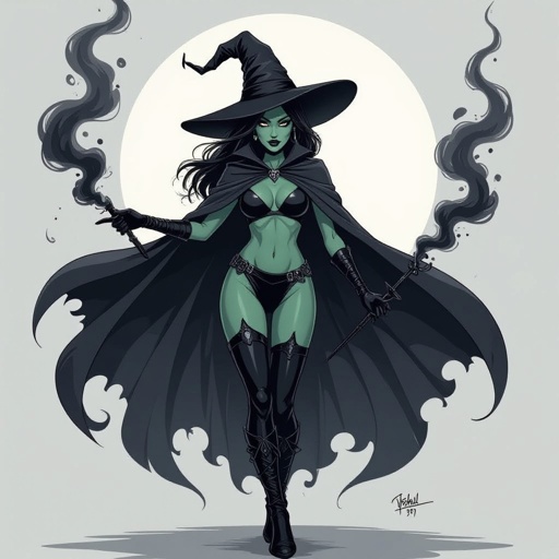 sexy shadow demon witch gypsy slate grey skin large black billowing cloak that emits darkness and shadow smoke. Two piece. Witches Hat.  Wields Black Evil Shadow Smoke Daggers
