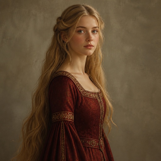 Mädchen mit langen blonden Haaren aus dem Mittelalter mit rotem Kleid 