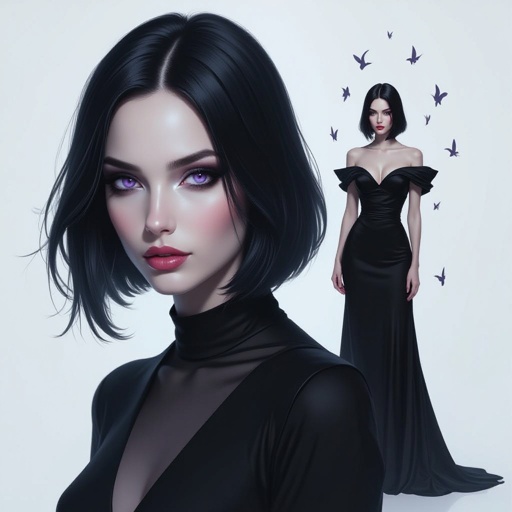 Show her entire body. Create mysterious woman jet-black hair is cut sharp to her jawline, and her violet eyes seem to pierce through darkness. A shadowy aura clings to her form, faint shapes shifting and flickering behind her like whispers of another realm. Show whole body head to toe