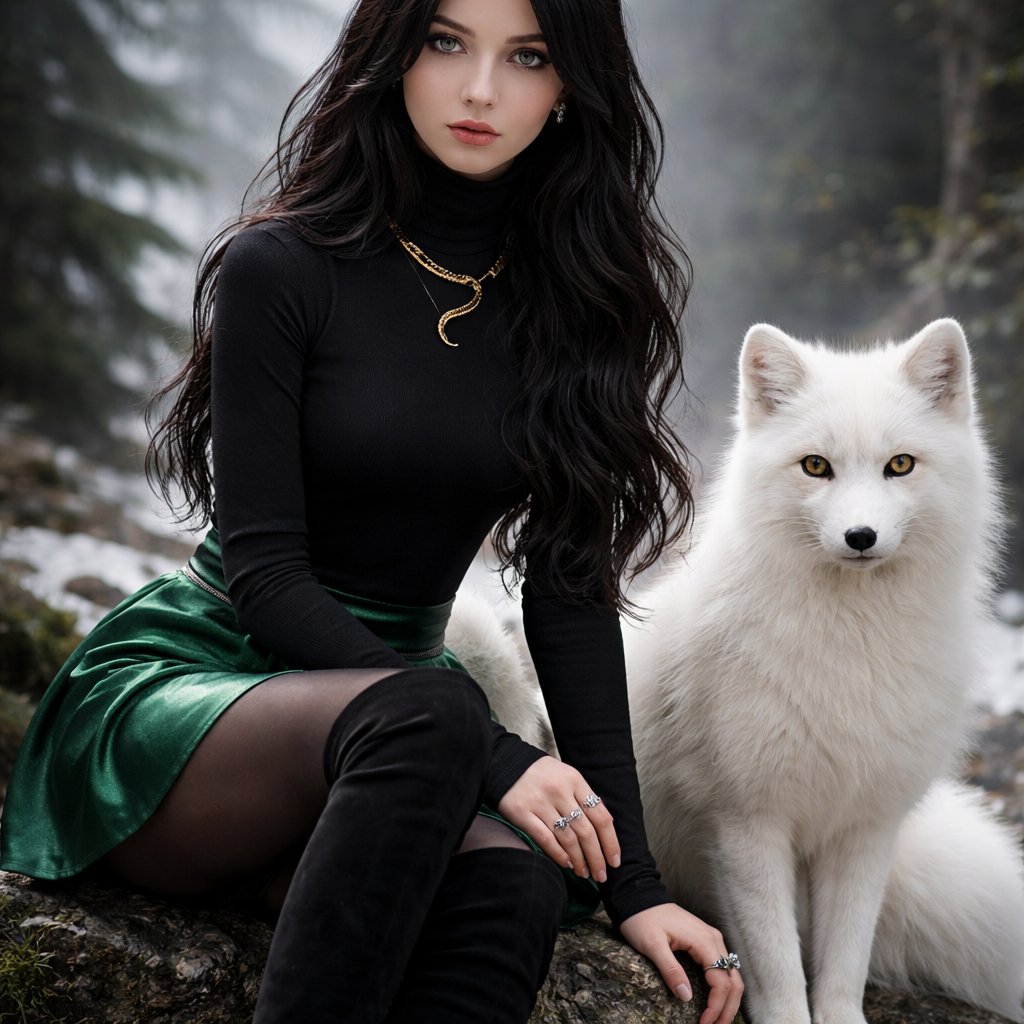 A teenager girl sitting with long black hair and grey eyes. Her hair is set in soft waves resting just above her but. Her eyes are storm grey. She is wearing a black long sleeve turtleneck and a satin Green skirt black tights and black thigh high boots. She has a small golden necklace of a snake and a silver ring with a b on the top to the left of the b is a black diamond and to the right is an emerald. She has an arctic fox next her with bright green eyes. She has fare skin and she has emerald stud earrings in both ears you can see her full body and she is wearing a small diadem the diadem is black with emerald accents