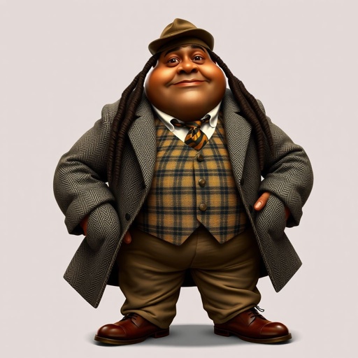 Create a funny serious fat character similar to Sherlock Holmes, but make him of black decent and with dread locks. Show his whole outfit including his shoes.