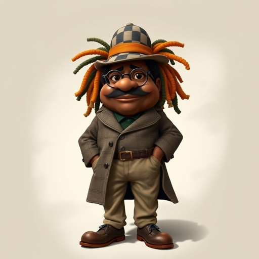 Create a funny fat character similar to Sherlock Holmes, but make him of black decent and with dread locks. Show his whole outfit including his shoes.