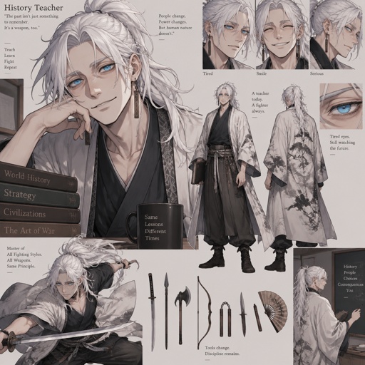 Anime style, male, highly skilled in fighting all fighting styles and weapons, bright blue eyes, white Japanese ponytail hair, white skin, eye bags, teaches history, earring, soft smile, agency trying to locate him, history unknown