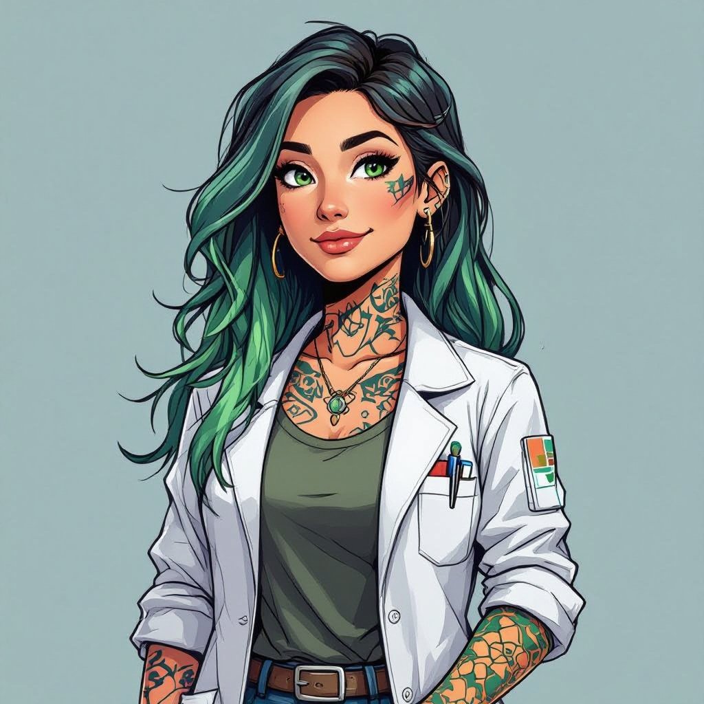 She is a woman that lives in the biotechnology faction of a RPG world. She’s 24 years old, is a scientist that uses herself as testing, had biochemistry tattoos and greenish hair. Her style has traces of punk but she has a kind face and her hair is long. She uses a lab coat, shirt, pants and boots. One of her arms is full of lizard scales and claws