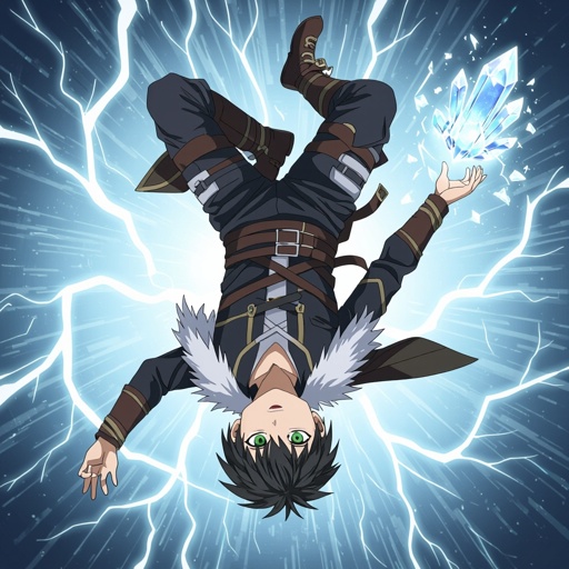 A  15 year old black male with white undercut and green eyes. Give him a gray mage/assassin outfit with fur. Have him floating surrounded by lightning bolts. Give him a crystal that floats from his upside down left hand 