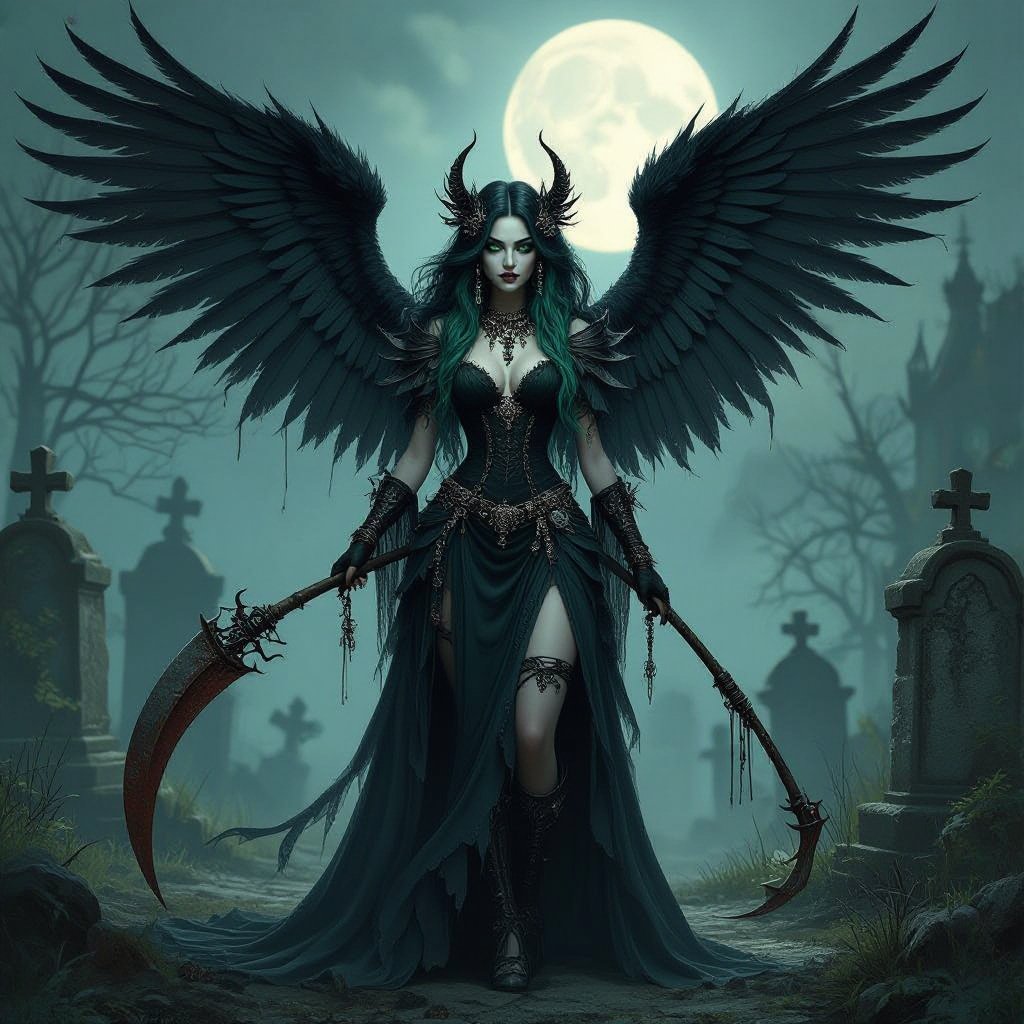 Dark fairy with big fairy wings, wavy hair with green highlights, lots of jewelry, holding scythe