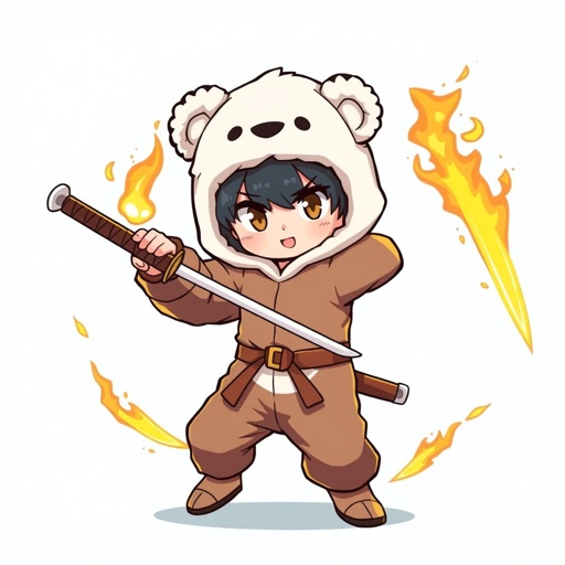 Swordsman with a bear onesie and fire katana